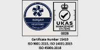 ISO 9001 UKAS logo: Cert No 15419, ISO 9001:2015
